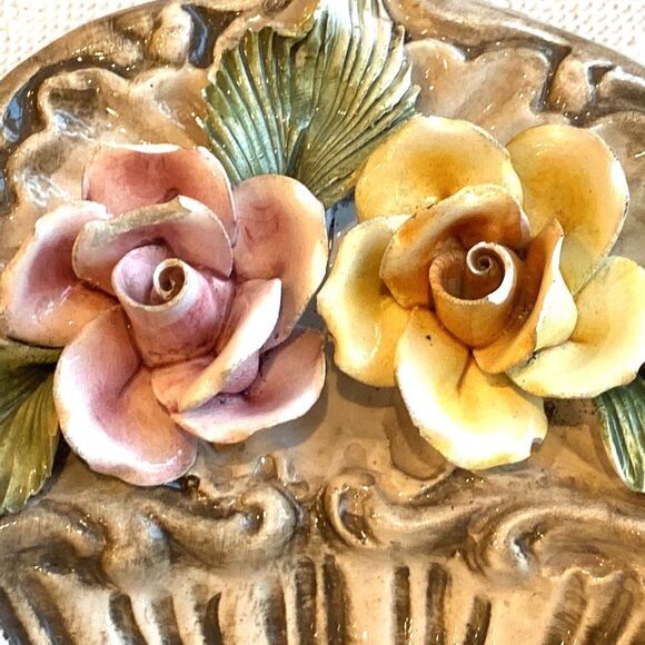Vintage Capodimonte Oval Dish Ornatr Basket Weave Roses Trinket Candy Dish 9x5.5 - Picture 11 of 16